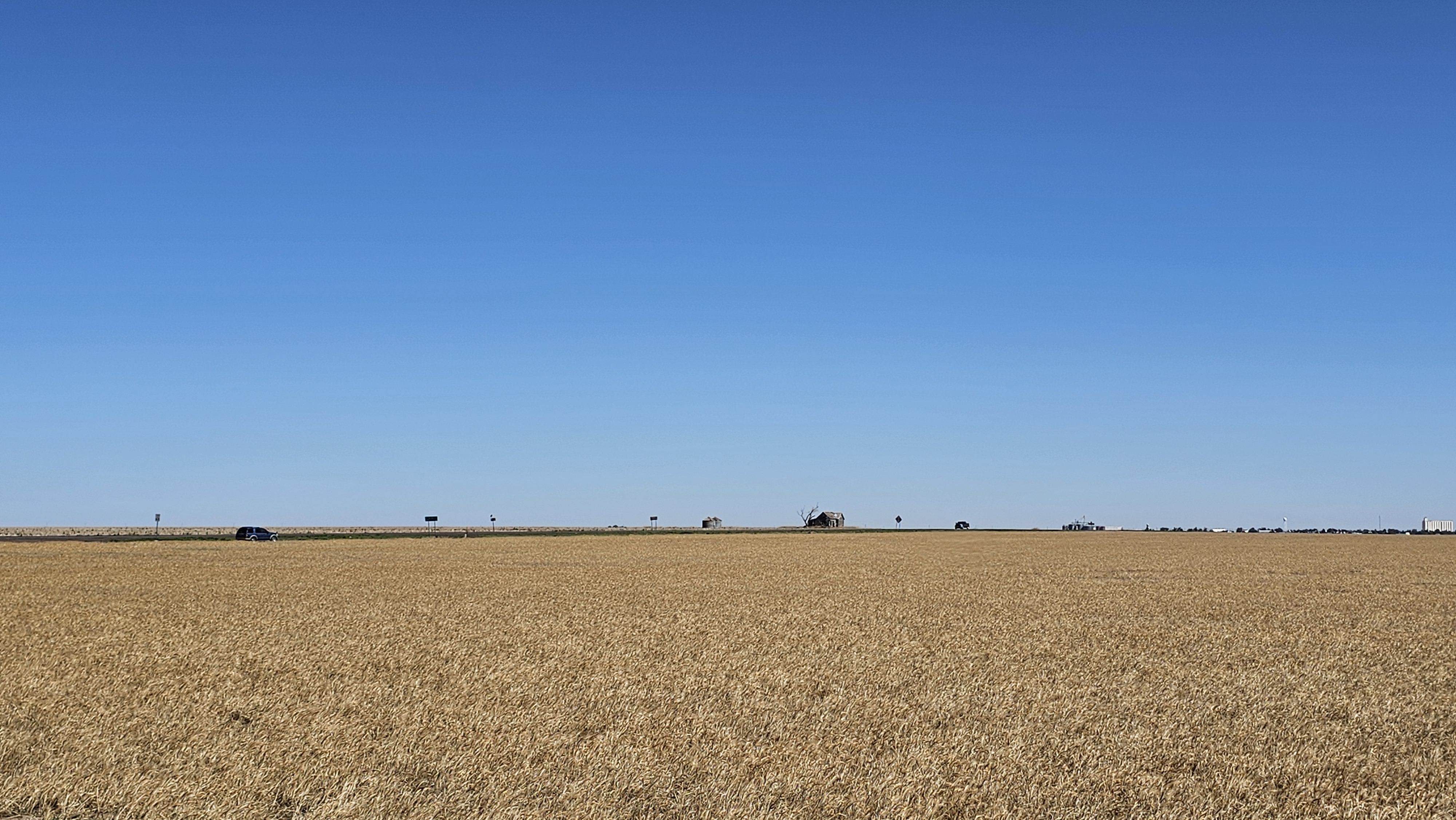 A vast ripe wheat field under an open blue Oklahoma sky, with a lone weathered farmhouse, grain bins, and a passing car along the distant horizon.